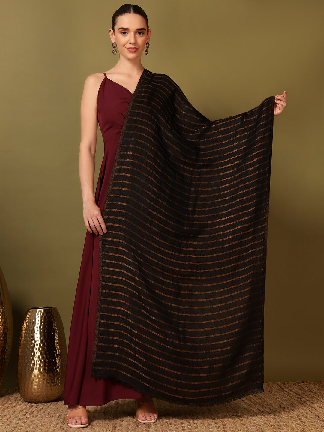 Pashmoda Women Golden Mirage Reversible Zari Moonlight Fine Wool Stole (Size: 71x203 Cm)