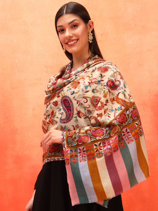 Pashmoda Women Floral Whispers 100% Pure Wool Fabric Kalamkari Embroidered Stole (Size: 71x203 cm)