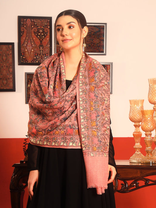 Pashmoda Women Naqsh 100% Pure Wool Sozni Hand Embroidered Stole (Size: 71x203cm)