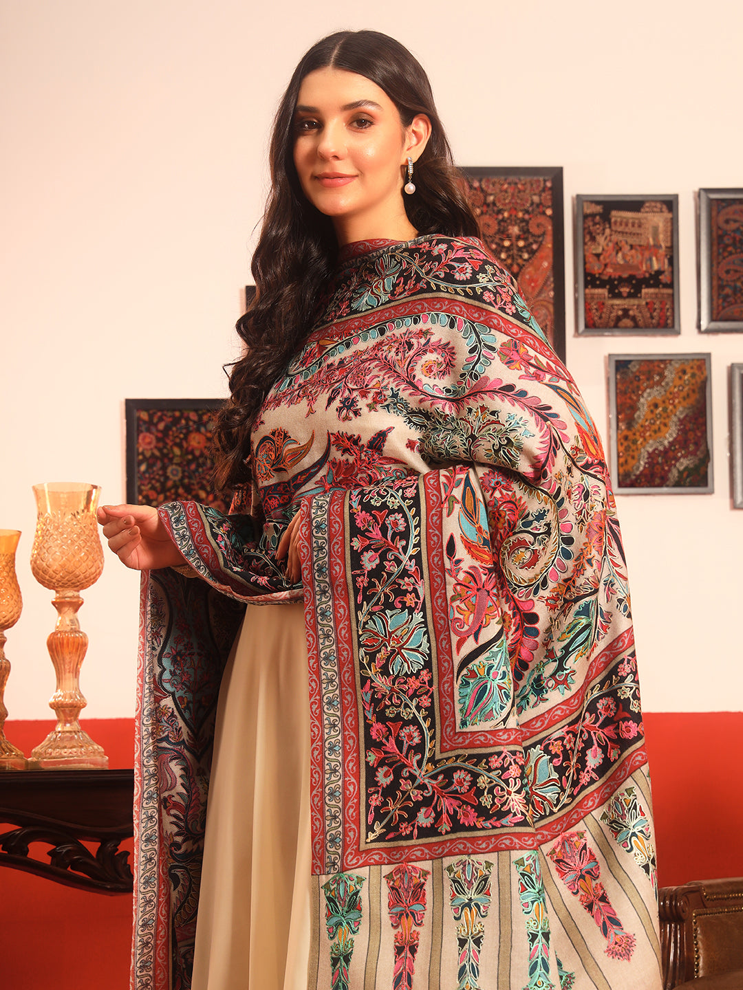 Pashmoda Women Rangkalam 100% Pure Wool Fabric Kalamkari Embroidered Shawl (Size: 101x203 CM)
