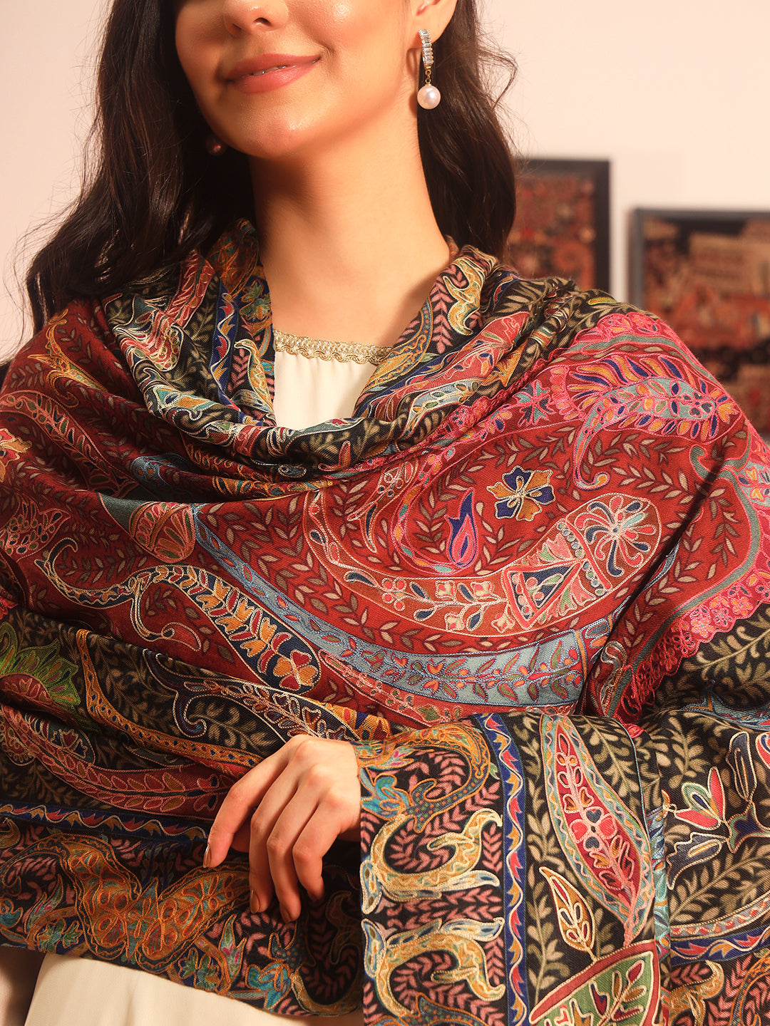 Pashmoda Women Daastaan Fabric Kalamkari Embroidered Shawl (Size: 101x203 CM)