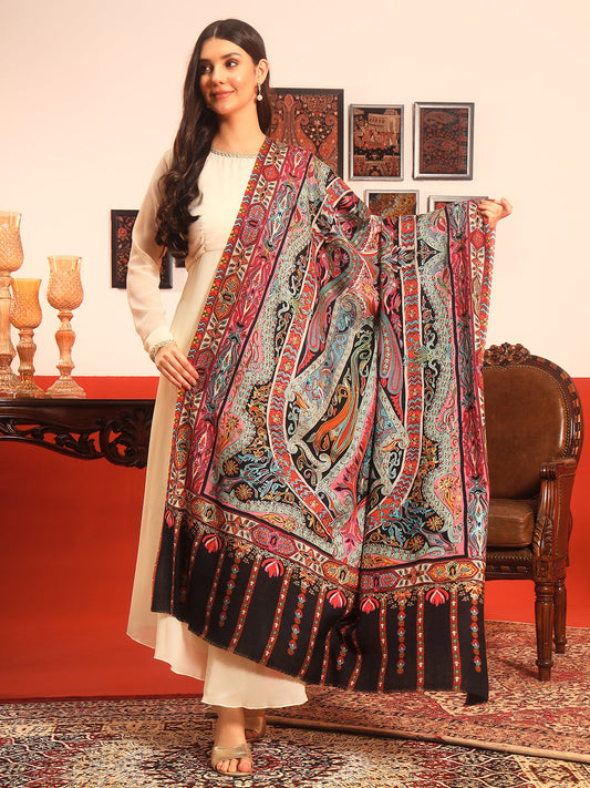 Pashmoda Women Rangrez Rangkalam 100% Pure Wool Fabric Kalamkari Embroidered Shawl (Size:101x203 cm)