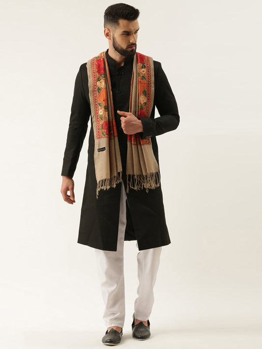 Men's Gulzar 100% Pure Wool Aari Embroidered Stole (Size: 71X203 CM, Beige Color)
