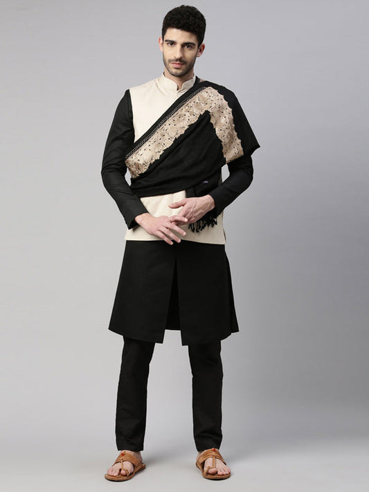 Men Zarbaft Aari Embroidered Stole (Size : 71X203 CM, Black Color)