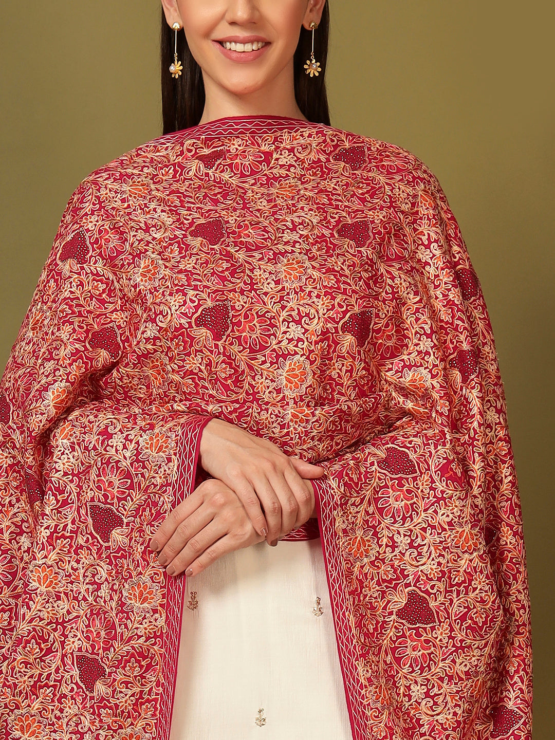 Pashmoda Women Hunar Fine Wool Nalki Embroidered Stole (Size : 71X203 CM)