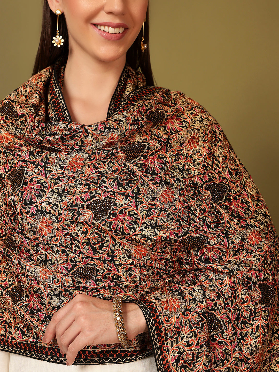 Pashmoda Women Hunar Fine Wool Nalki Embroidered Stole (Size : 71X203 CM)