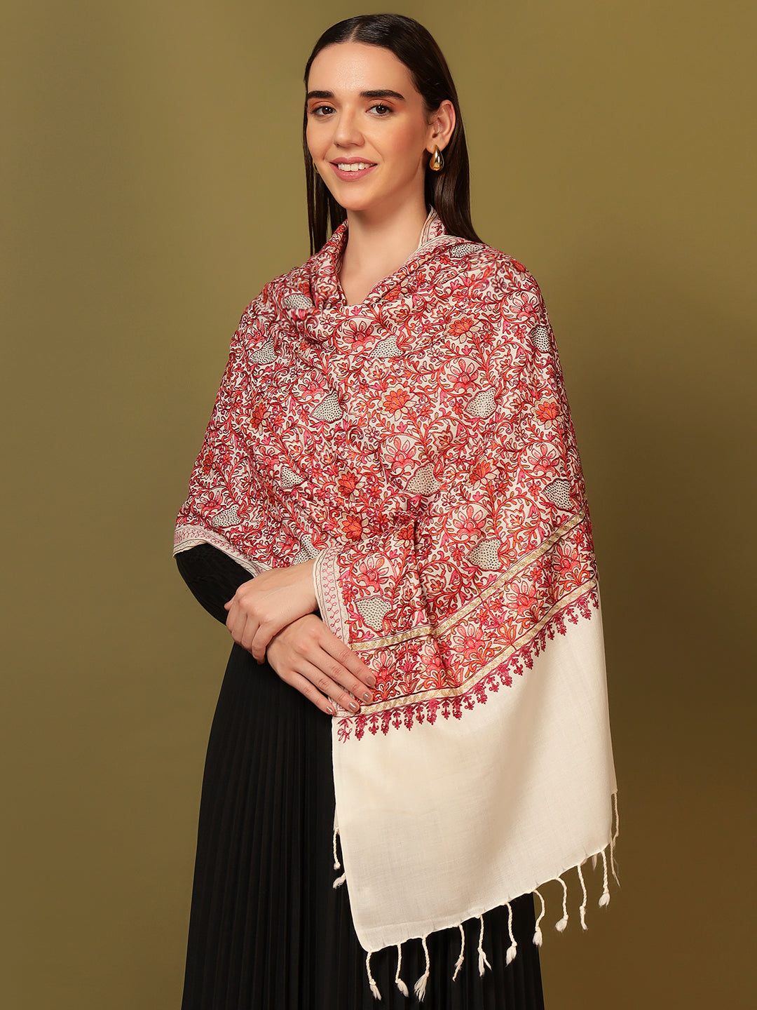 Pashmoda Women Hunar Fine Wool Nalki Embroidered Stole (Size : 71X203 CM)