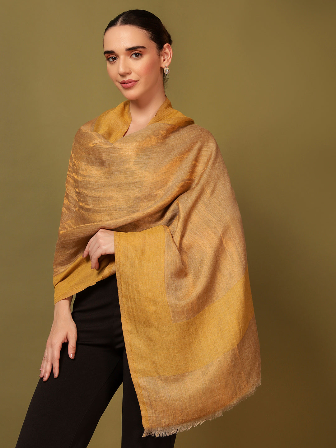 Pashmoda Women Midnight Bronze Reversible Zari Moonlight Fine Wool Stole (Size: 71x203 Cm)