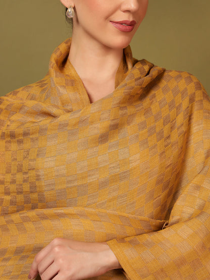 Pashmoda Women Champagne Check Reversible Zari Moonlight Fine Wool Stole (Size: 71x203 Cm)