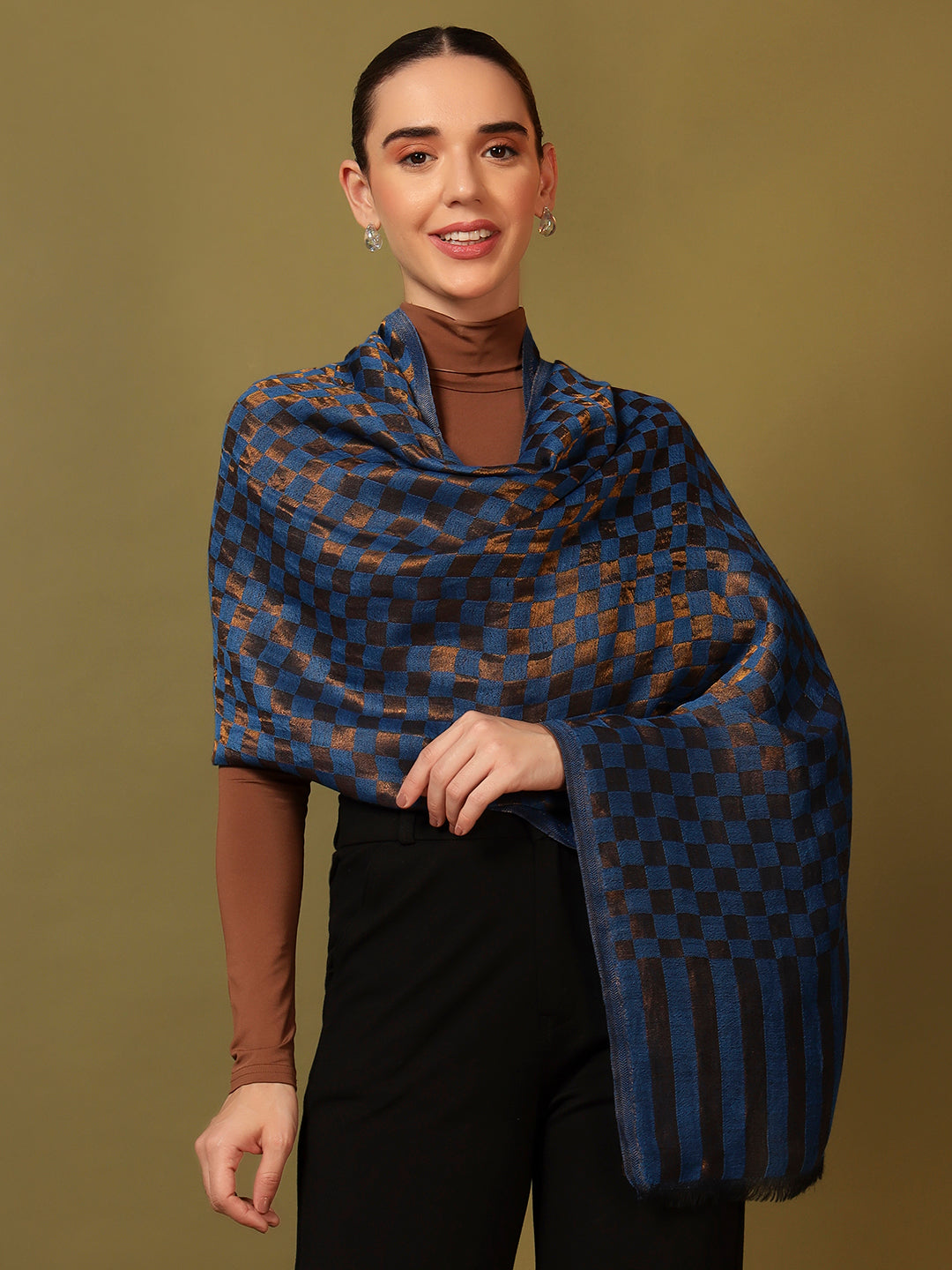Pashmoda Women Champagne Check Reversible Zari Moonlight Fine Wool Stole (Size: 71x203 Cm)