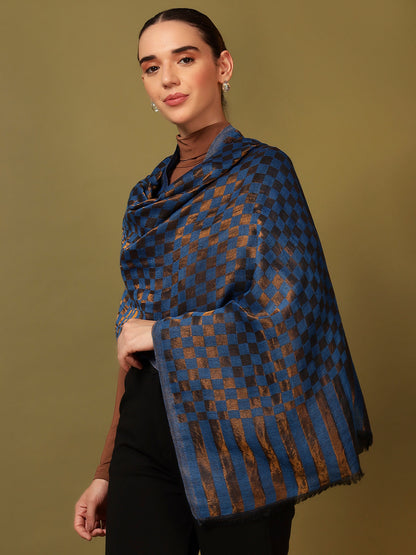Pashmoda Women Champagne Check Reversible Zari Moonlight Fine Wool Stole (Size: 71x203 Cm)