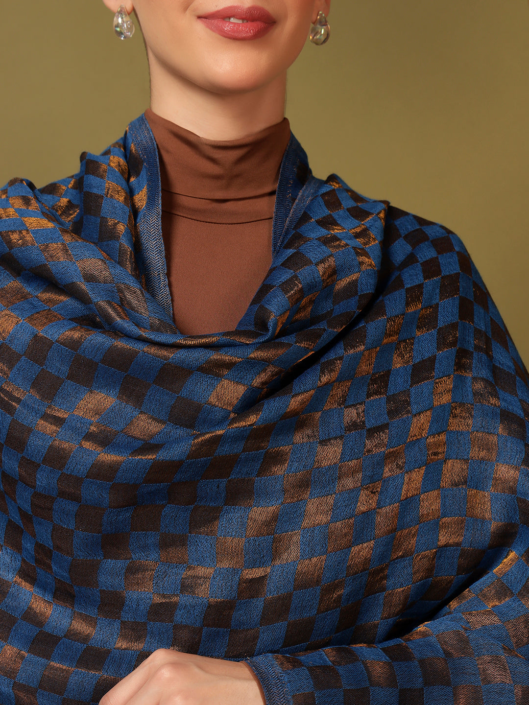 Pashmoda Women Champagne Check Reversible Zari Moonlight Fine Wool Stole (Size: 71x203 Cm)