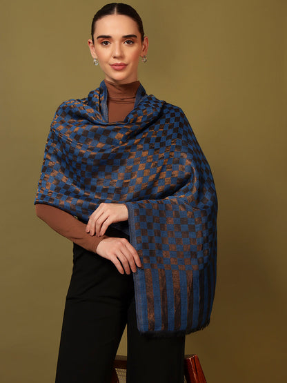 Pashmoda Women Champagne Check Reversible Zari Moonlight Fine Wool Stole (Size: 71x203 Cm)