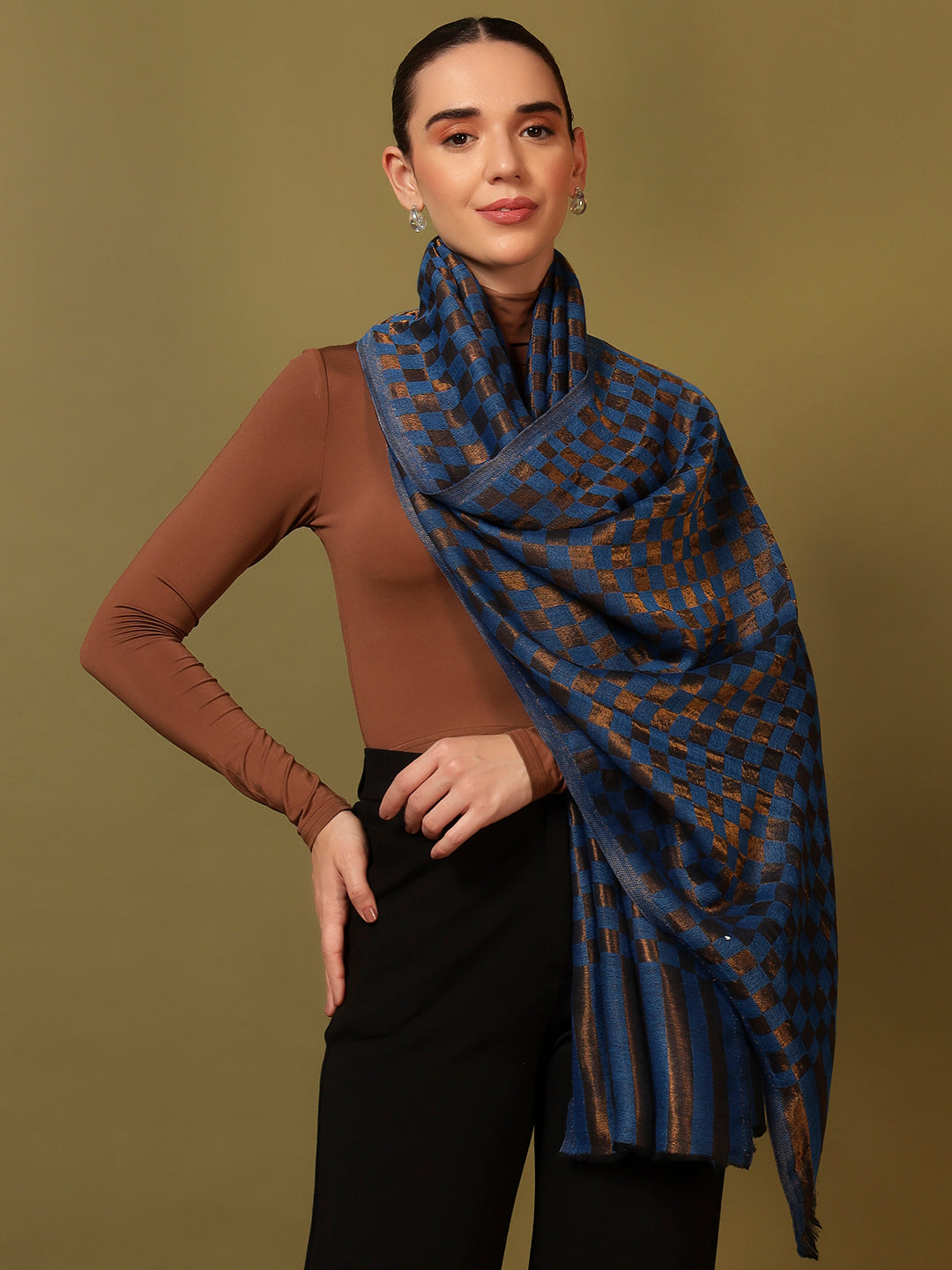 Pashmoda Women Champagne Check Reversible Zari Moonlight Fine Wool Stole (Size: 71x203 Cm)