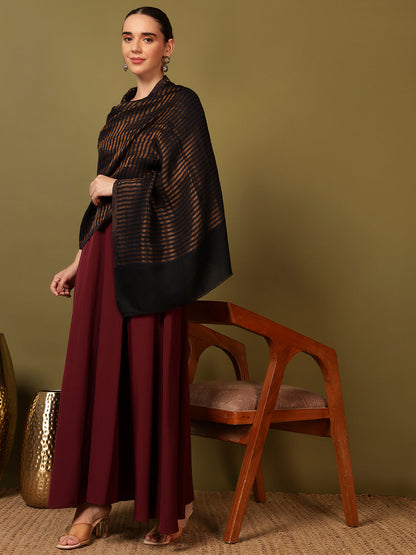 Pashmoda Women Golden Eclipse Reversible Zari Moonlight Fine Wool Stole (Size: 71x203 Cm)
