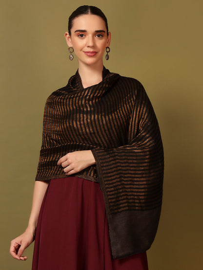 Pashmoda Women Golden Eclipse Reversible Zari Moonlight Fine Wool Stole (Size: 71x203 Cm)