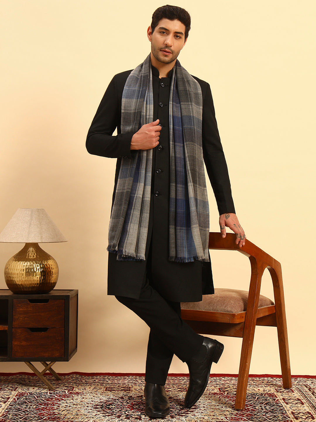 Pashmoda Men Moderen Tartan  100% Pure Wool Checkered Stole (Size :71X203cm)