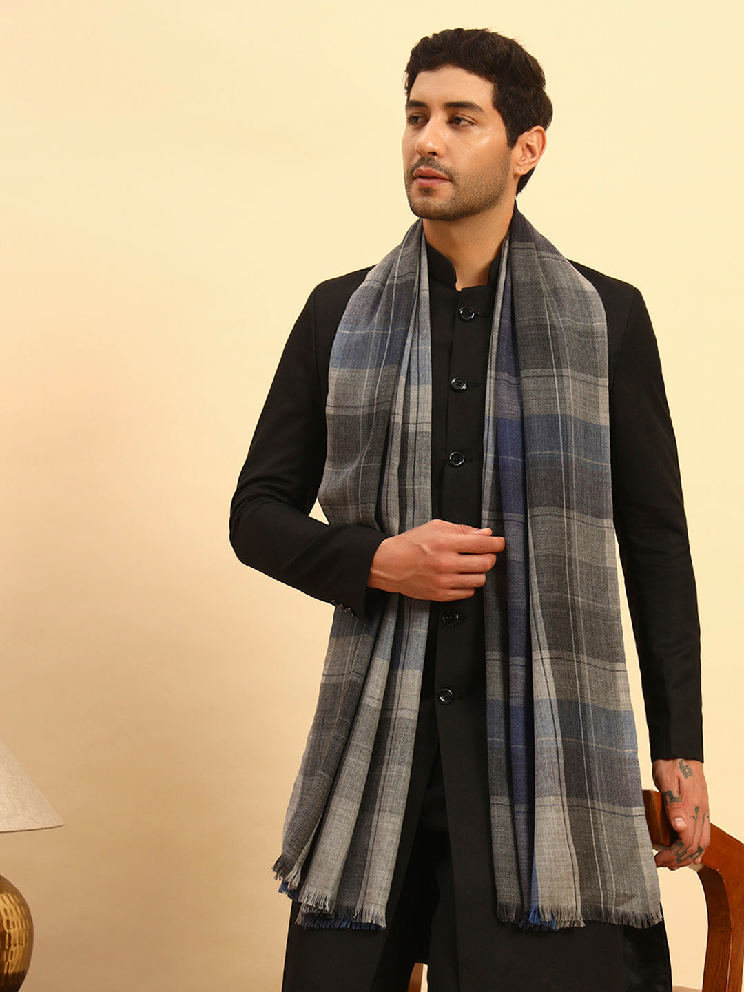 Pashmoda Men Moderen Tartan  100% Pure Wool Checkered Stole (Size :71X203cm)