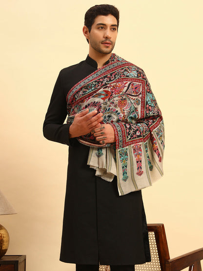 Pashmoda Men Rangkalam 100% Pure Wool Fabric Kalamkari Embroidered Shawl (Size: 101x203 CM)