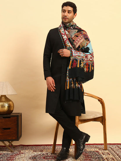 Pashmoda Men Mughal Bagh 100% Pure Wool Fabric Kalamkari Embroidered Shawl (Size: 101x203 CM)
