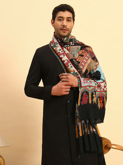 Pashmoda Men Mughal Bagh 100% Pure Wool Fabric Kalamkari Embroidered Shawl (Size: 101x203 CM)