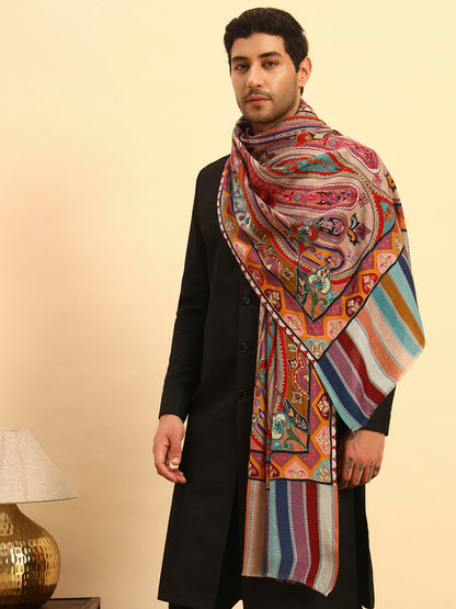 Pashmoda Men Rangdil 100% Pure Wool Fabric Kalamkari Embroidered Stole (Size-28:71x203cm)