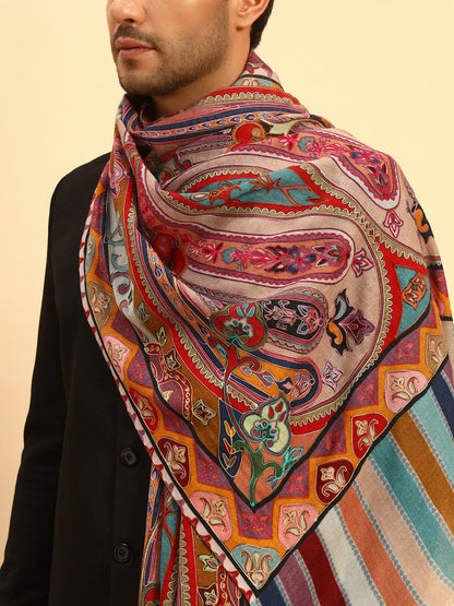 Pashmoda Men Rangdil 100% Pure Wool Fabric Kalamkari Embroidered Stole (Size-28:71x203cm)