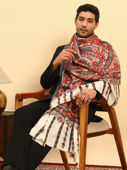 Pashmoda Men Rangrez Rangkalam 100% Pure Wool Fabric Kalamkari Embroidered Shawl (Size: 101x203 CM)