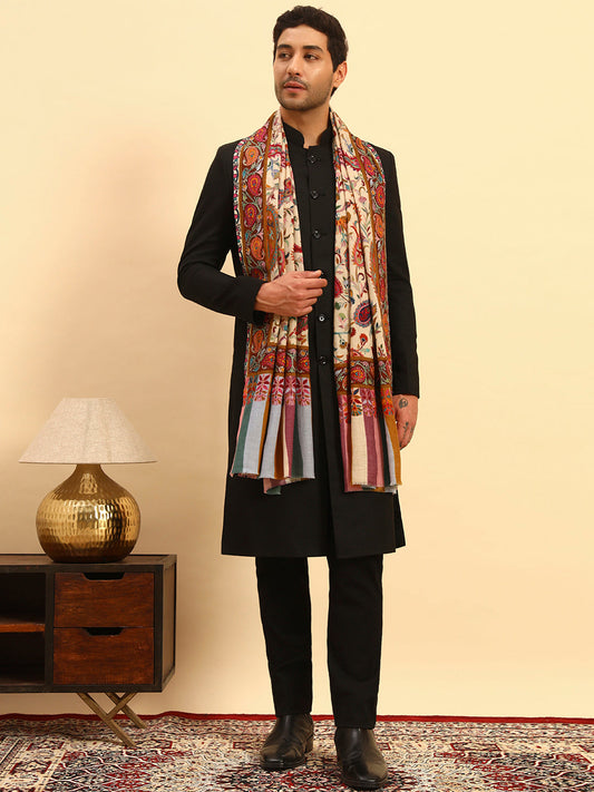 Pashmoda Men Floral Whispers 100% Pure Wool Fabric Kalamkari Embroidered Stole (Size:71x203cm)