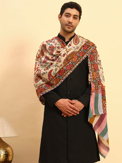 Pashmoda Men Floral Whispers 100% Pure Wool Fabric Kalamkari Embroidered Stole (Size:71x203cm)