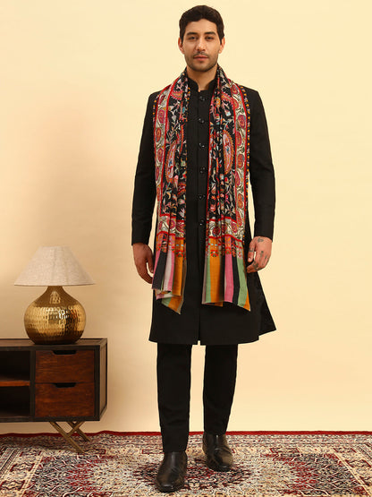 Pashmoda Men Floral Whispers 100% Pure Wool Fabric Kalamkari Embroidered Stole (Size:71x203cm)