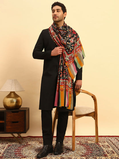 Pashmoda Men Floral Whispers 100% Pure Wool Fabric Kalamkari Embroidered Stole (Size:71x203cm)