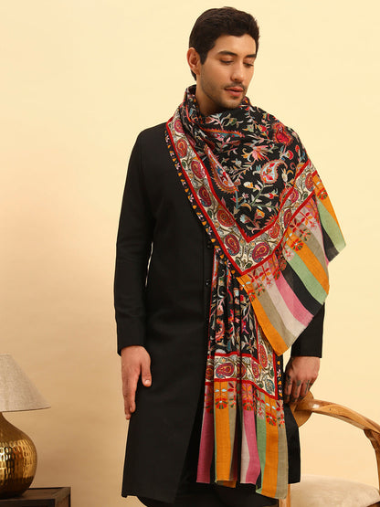 Pashmoda Men Floral Whispers 100% Pure Wool Fabric Kalamkari Embroidered Stole (Size:71x203cm)