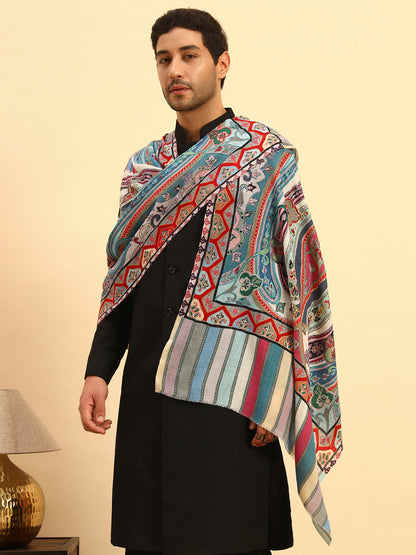 Pashmoda Men Rangdil 100% Pure Wool Fabric Kalamkari Embroidered Stole (Size:71x203cm)