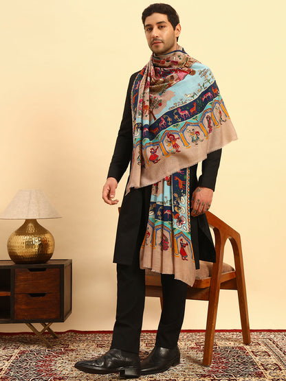 Pashmoda Men Mughal Bagh 100% Pure Wool Fabric Kalamkari Embroidered Shawl (Size: 101x203 CM)