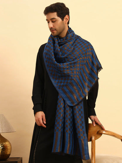 Pashmoda Men Champagne Check Reversible Zari Moonlight Fine Wool Stole (Size: 71x203 Cm)