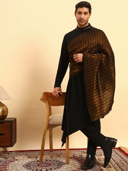 Pashmoda Men Golden Mirage Reversible Zari Moonlight Fine Wool Stole (Size: 71x203 Cm)