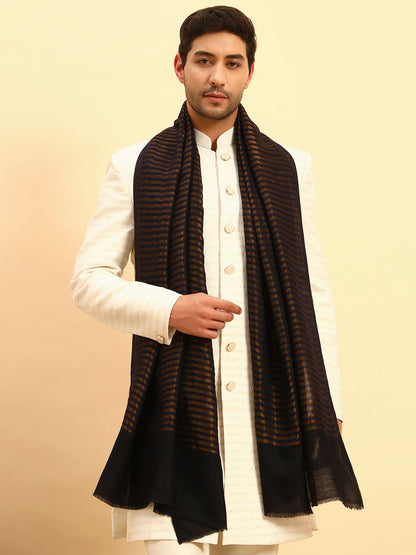 Pashmoda Men Golden Eclipse Reversible Zari Moonlight Fine Wool Stole (Size: 71x203 Cm)