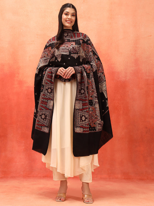 Pashmoda Women Zavian 100% Pure Wool Sozni Hand Embroidered Shawl (Size: 101x203 Cm)