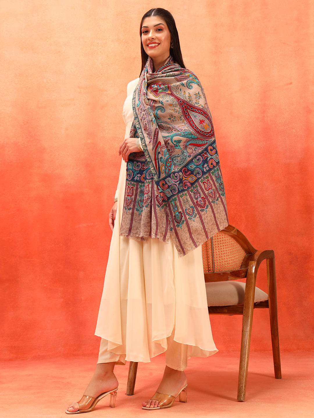 Pashmoda Women Saahtaar 100% Pure Wool Fabric Kalamkari Embroidered Stole (Size: 71x203 cm)