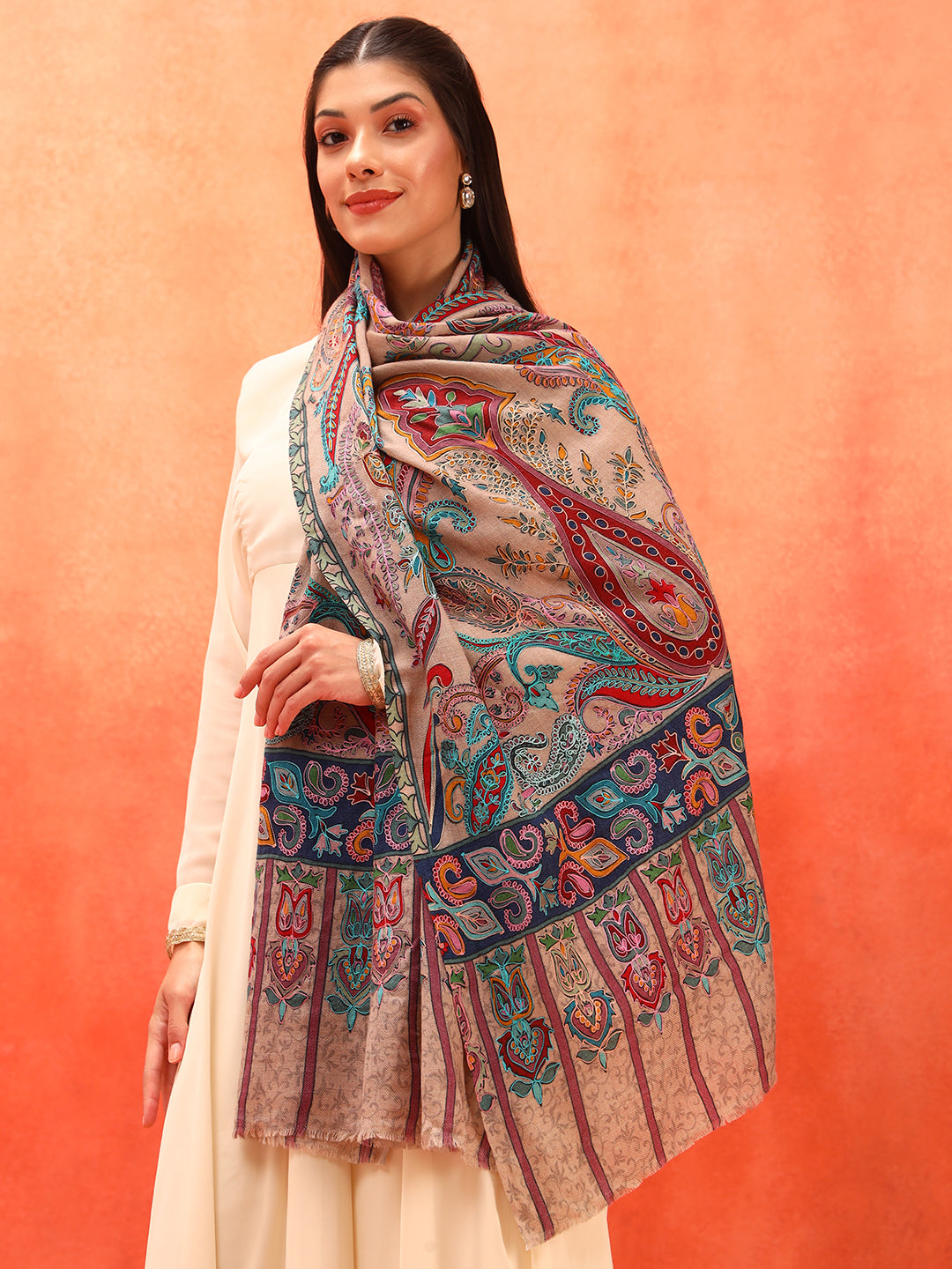 Pashmoda Women Saahtaar 100% Pure Wool Fabric Kalamkari Embroidered Stole (Size: 71x203 cm)
