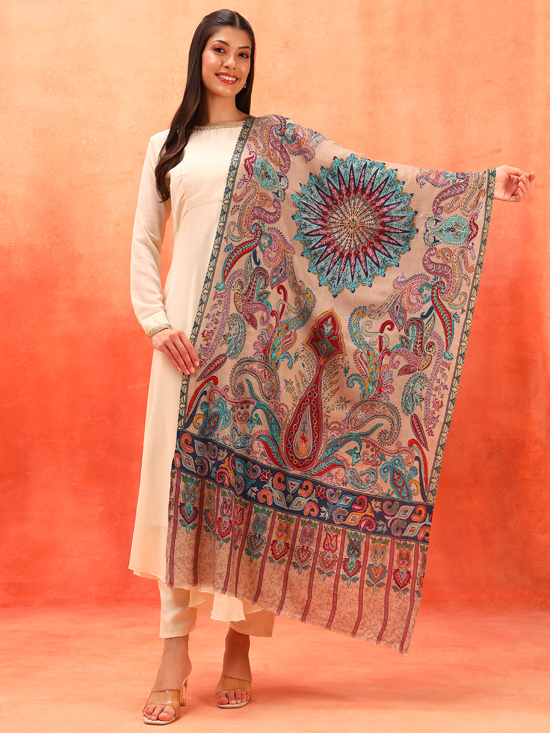 Pashmoda Women Saahtaar 100% Pure Wool Fabric Kalamkari Embroidered Stole (Size: 71x203 cm)