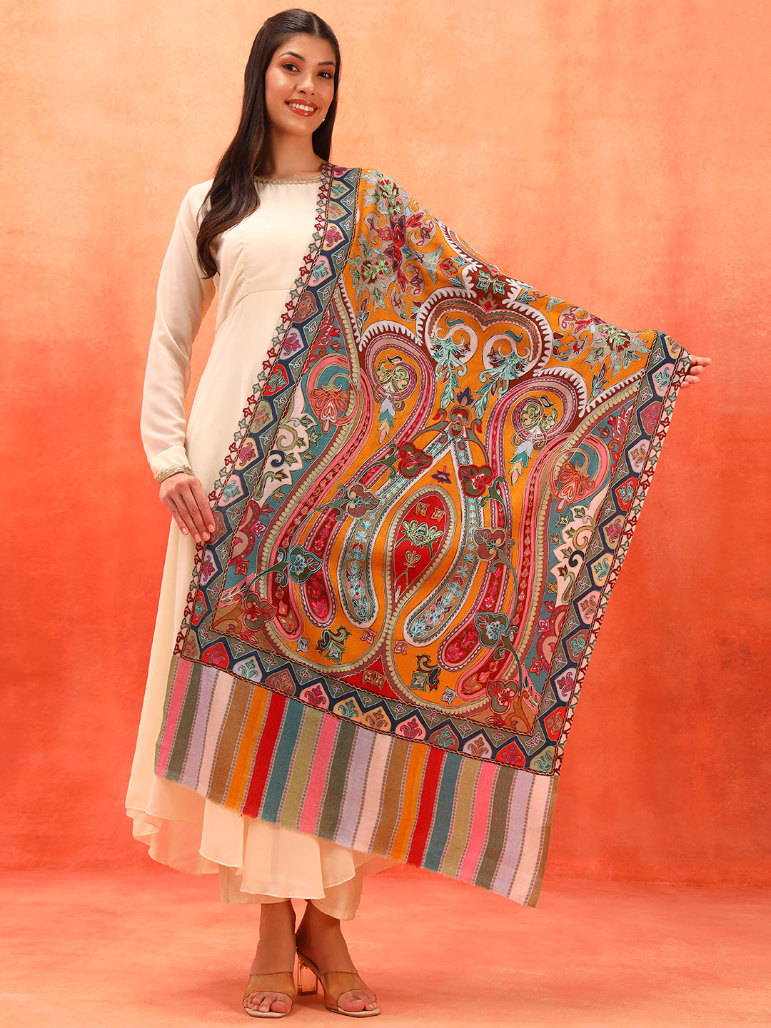 Pashmoda Women Rangdil 100% Pure Wool Fabric Kalamkari Embroidered Stole (Size-28x80in, 71x203cm)