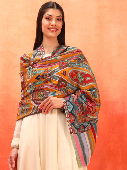 Pashmoda Women Rangdil 100% Pure Wool Fabric Kalamkari Embroidered Stole (Size-28x80in, 71x203cm)
