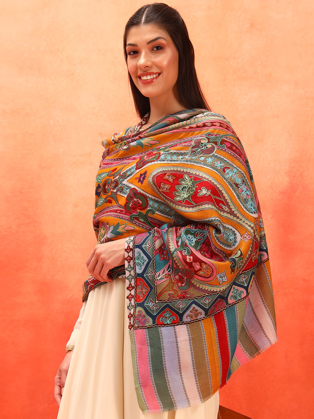 Pashmoda Women Rangdil 100% Pure Wool Fabric Kalamkari Embroidered Stole (Size-28x80in, 71x203cm)