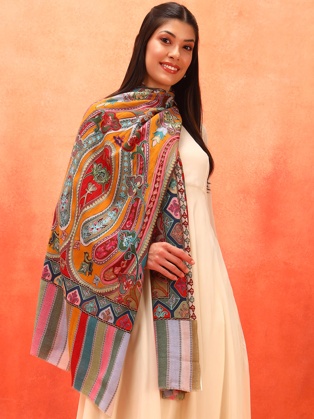 Pashmoda Women Rangdil 100% Pure Wool Fabric Kalamkari Embroidered Stole (Size-28x80in, 71x203cm)