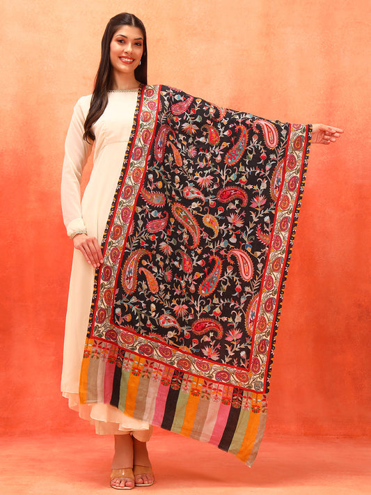 Pashmoda Women Floral Whispers 100% Pure Wool Fabric Kalamkari Embroidered Stole (Size: 71x203 cm)