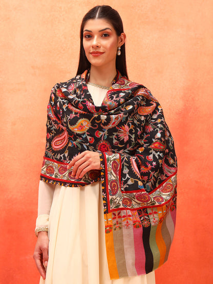 Pashmoda Women Floral Whispers 100% Pure Wool Fabric Kalamkari Embroidered Stole (Size: 71x203 cm)