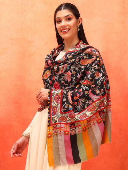 Pashmoda Women Floral Whispers 100% Pure Wool Fabric Kalamkari Embroidered Stole (Size: 71x203 cm)