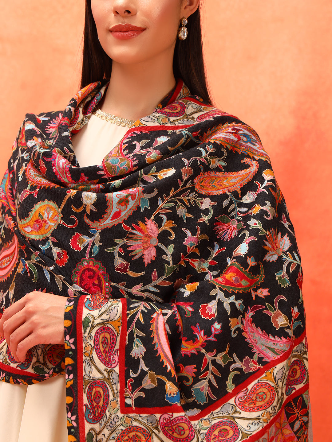 Pashmoda Women Floral Whispers 100% Pure Wool Fabric Kalamkari Embroidered Stole (Size: 71x203 cm)